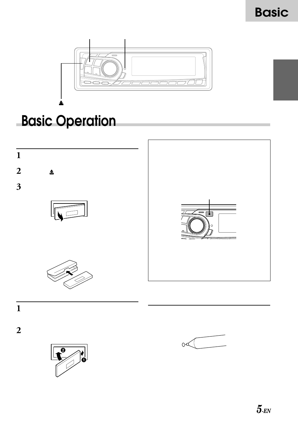 Basic operation, Basic, Detaching the front panel | Attaching the front panel, Initial system start-up | Alpine CDA-7876RB User Manual | Page 7 / 44