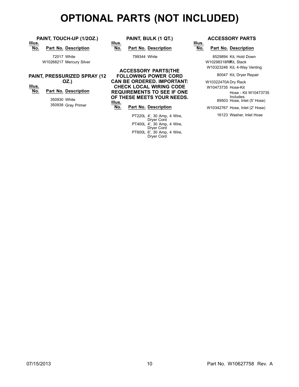 Optional, Optional parts (not included) | Whirlpool WED71HEBW User Manual | Page 10 / 10