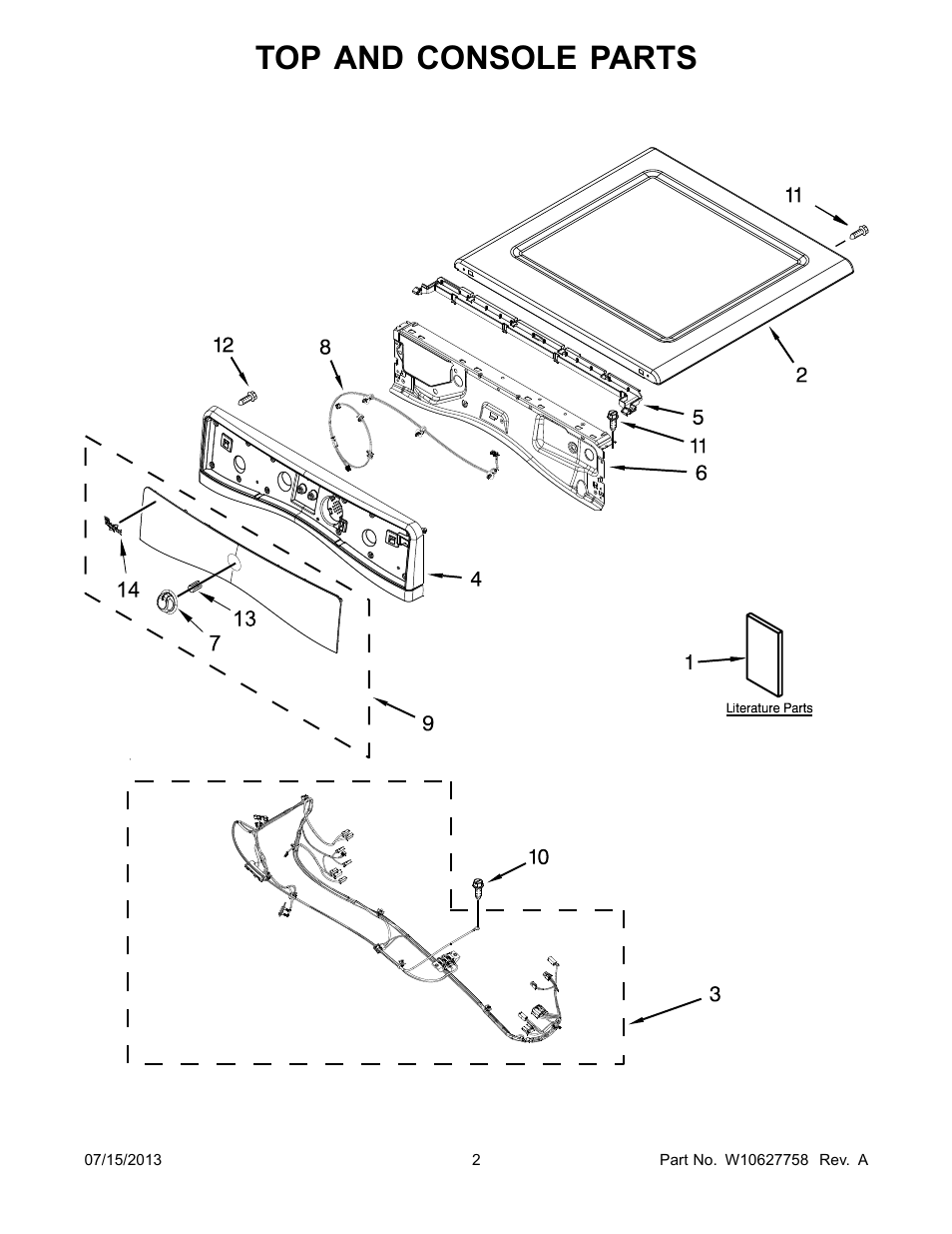 Top and console, Top and console parts | Whirlpool WED71HEBW User Manual | Page 2 / 10
