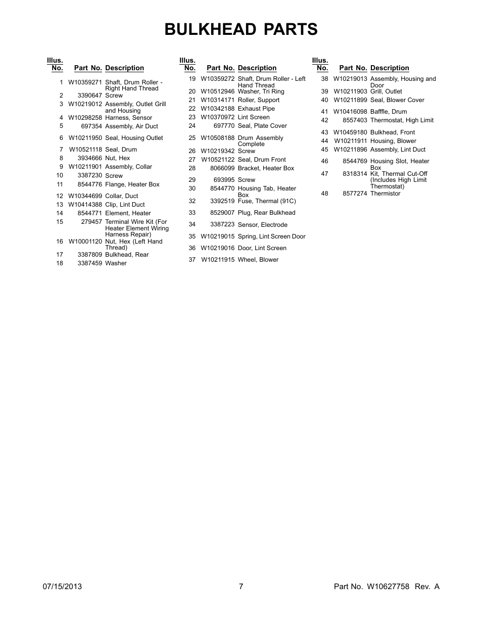 Bulkhead parts | Whirlpool WED71HEBW User Manual | Page 7 / 10