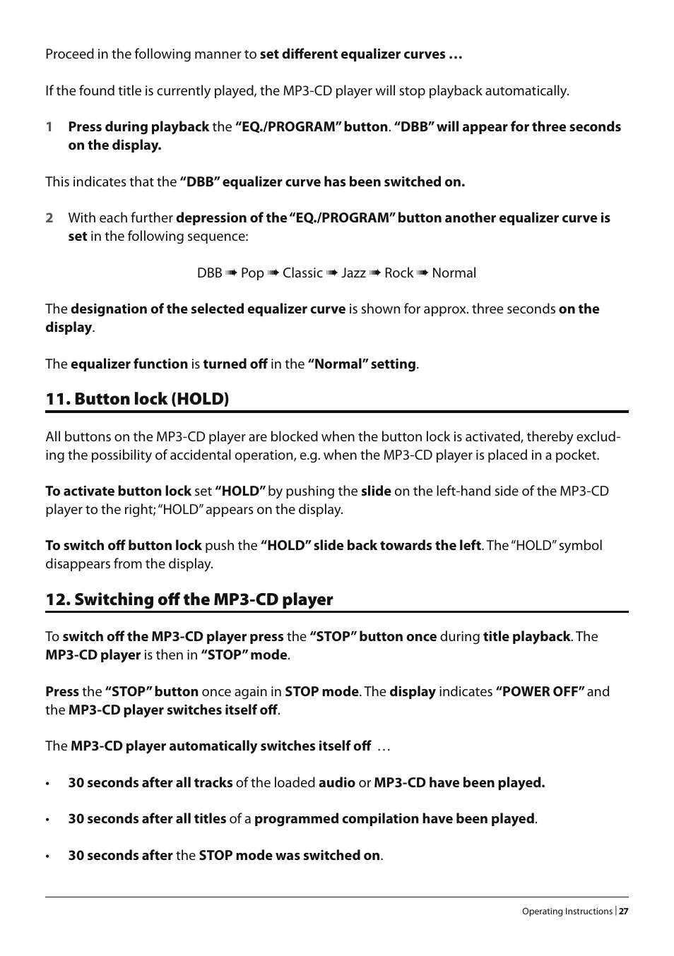 Button lock (hold), Switching off the mp3-cd player | Alpine KH 2279 User Manual | Page 25 / 30