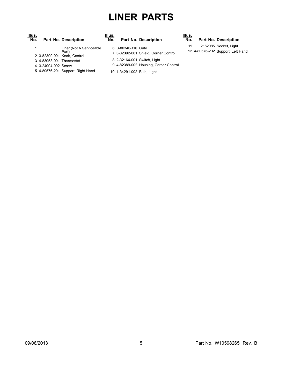Liner parts | Whirlpool EV200FXBQ User Manual | Page 5 / 10