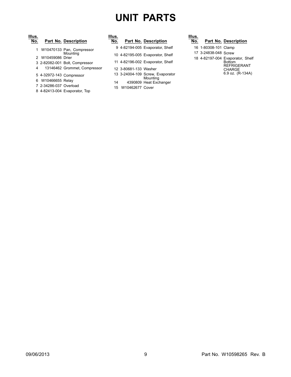 Unit parts | Whirlpool EV200FXBQ User Manual | Page 9 / 10