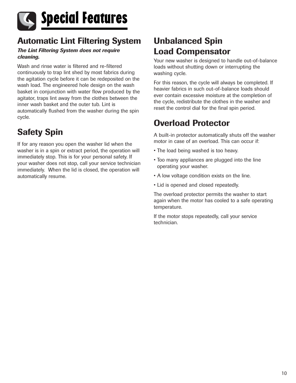 Special features, Automatic lint filtering system, Safety spin | Unbalanced spin load compensator, Overload protector | Whirlpool 6800 User Manual | Page 11 / 44