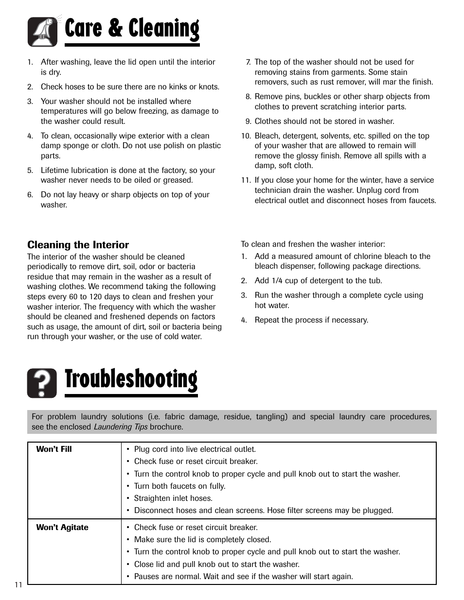 Care & cleaning, Troubleshooting | Whirlpool 6800 User Manual | Page 12 / 44