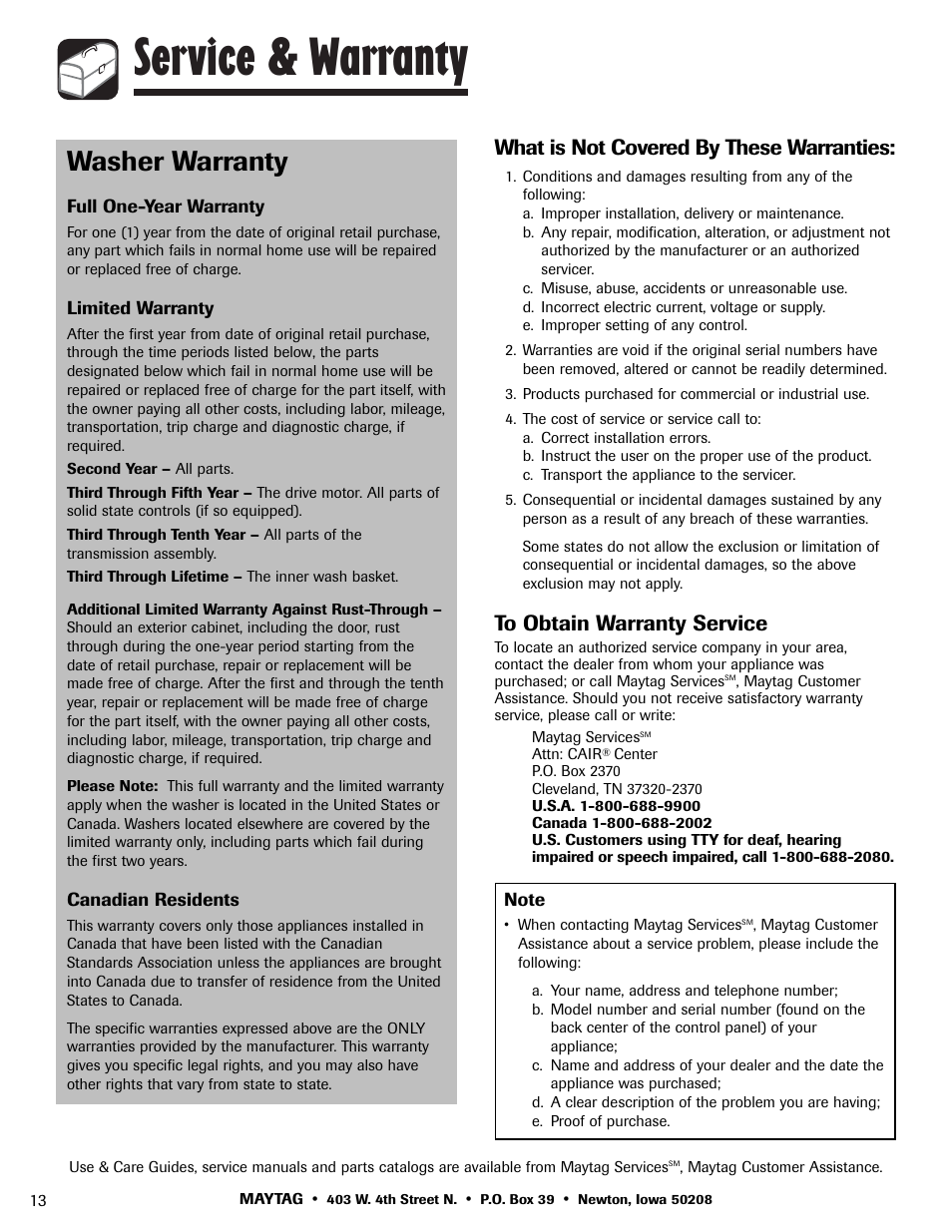 Service & warranty, Washer warranty, What is not covered by these warranties | Whirlpool 6800 User Manual | Page 14 / 44