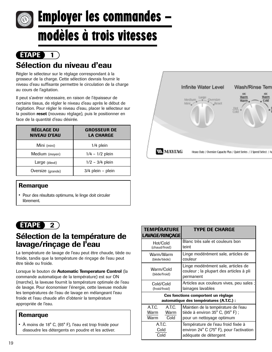 Employer les commandes – modèles à trois vitesses, Sélection du niveau d’eau, Étape 1 étape 2 | Remarque | Whirlpool 6800 User Manual | Page 20 / 44