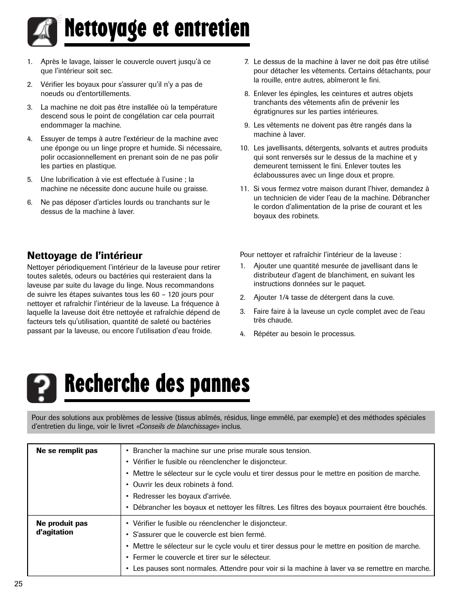 Nettoyage et entretien, Recherche des pannes, Nettoyage de l’intérieur | Whirlpool 6800 User Manual | Page 26 / 44