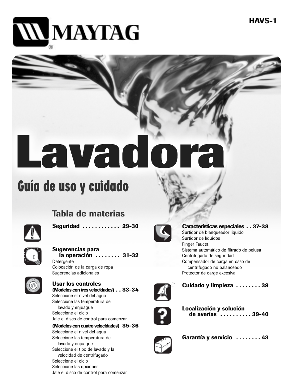 Guía de uso y cuidado, Tabla de materias, Havs-1 | Whirlpool 6800 User Manual | Page 29 / 44