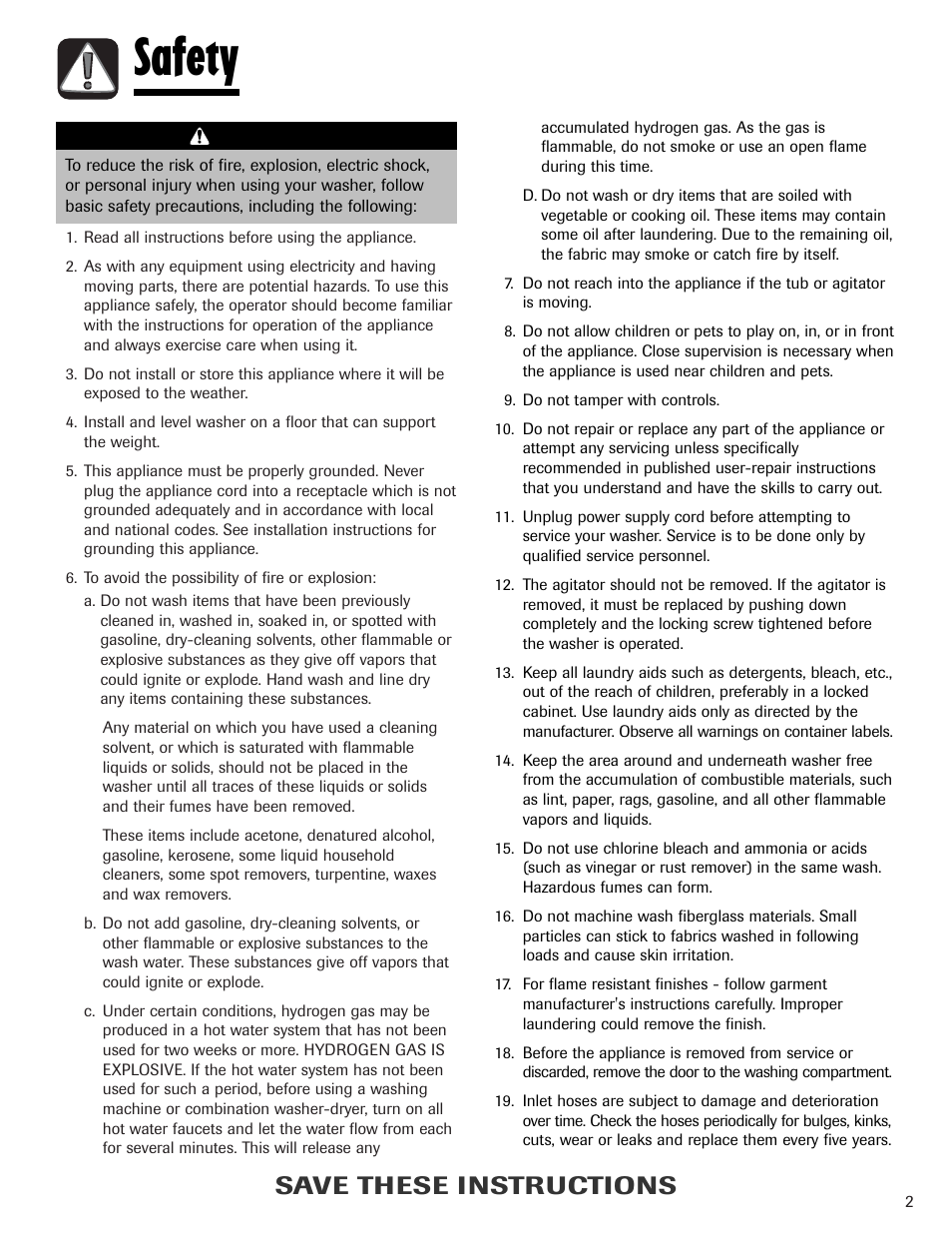 Safety, Save these instructions, Warning | Whirlpool 6800 User Manual | Page 3 / 44