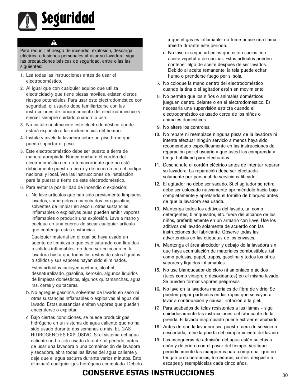 Seguridad, Conserve estas instrucciones, Advertencia | Whirlpool 6800 User Manual | Page 31 / 44