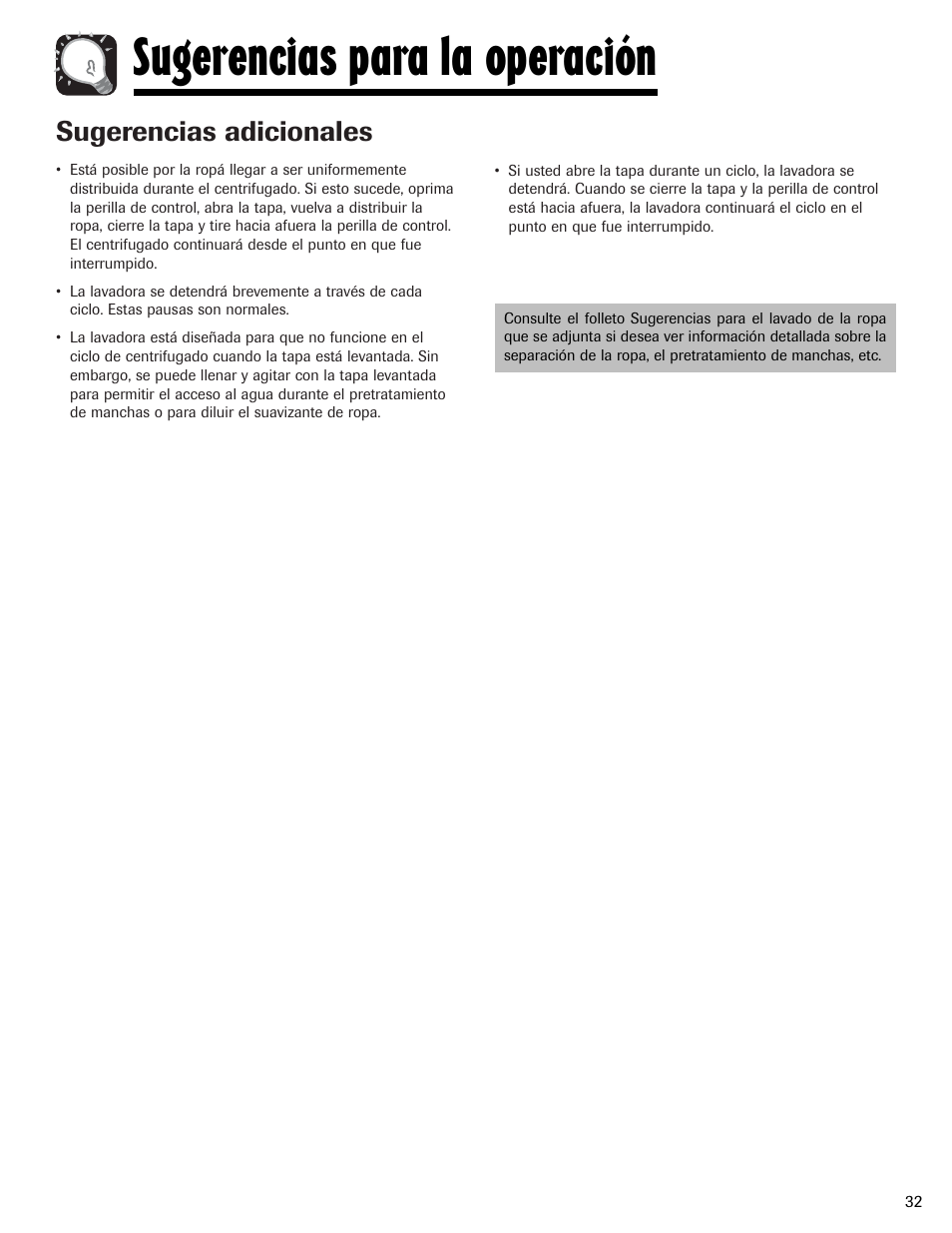 Sugerencias para la operación, Sugerencias adicionales | Whirlpool 6800 User Manual | Page 33 / 44