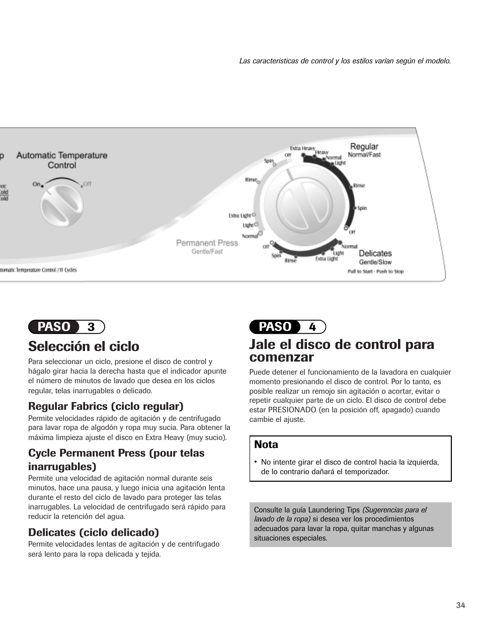 Selección el ciclo, Jale el disco de control para comenzar, Paso 3 paso 4 | Whirlpool 6800 User Manual | Page 35 / 44