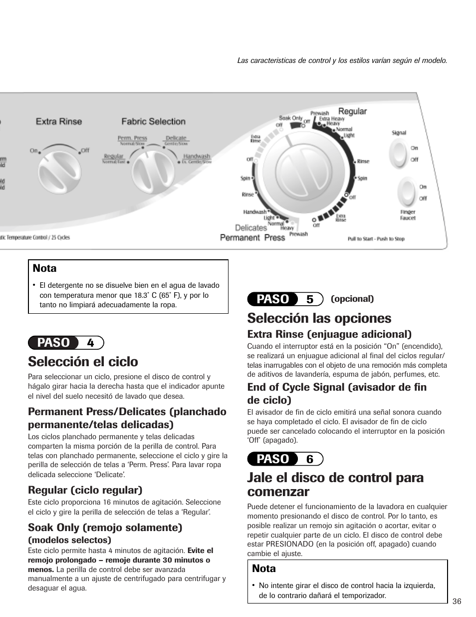 Jale el disco de control para comenzar, Selección las opciones, Selección el ciclo | Paso 4 paso 5 paso 6 | Whirlpool 6800 User Manual | Page 37 / 44