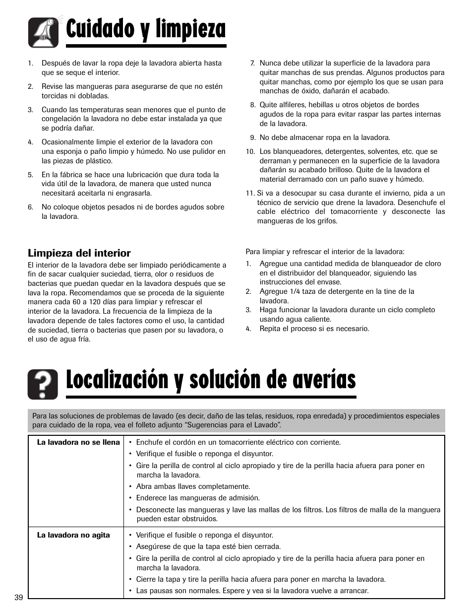 Cuidado y limpieza, Localización y solución de averías, Limpieza del interior | Whirlpool 6800 User Manual | Page 40 / 44