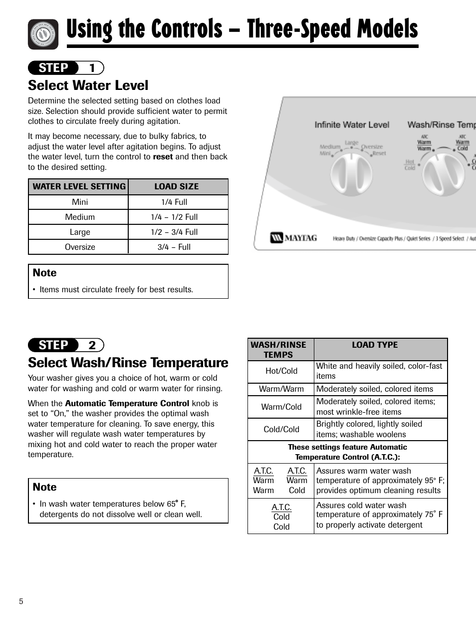 Using the controls – three-speed models, Select water level, Select wash/rinse temperature | Step 1 step 2 | Whirlpool 6800 User Manual | Page 6 / 44