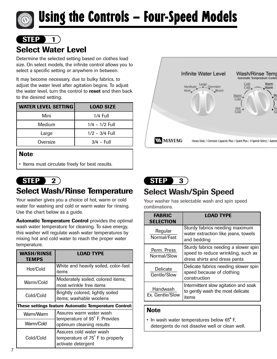 Using the controls – four-speed models, Select wash/spin speed, Select water level | Select wash/rinse temperature, Step 1 step 2 step 3 | Whirlpool 6800 User Manual | Page 8 / 44