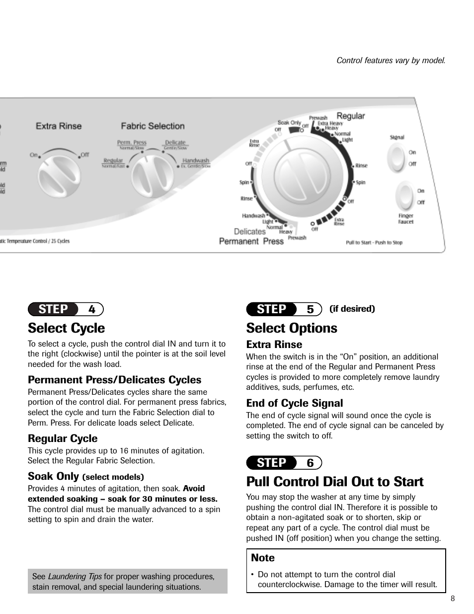 Select cycle, Select options, Pull control dial out to start | Step 4 step 5 step 6 | Whirlpool 6800 User Manual | Page 9 / 44