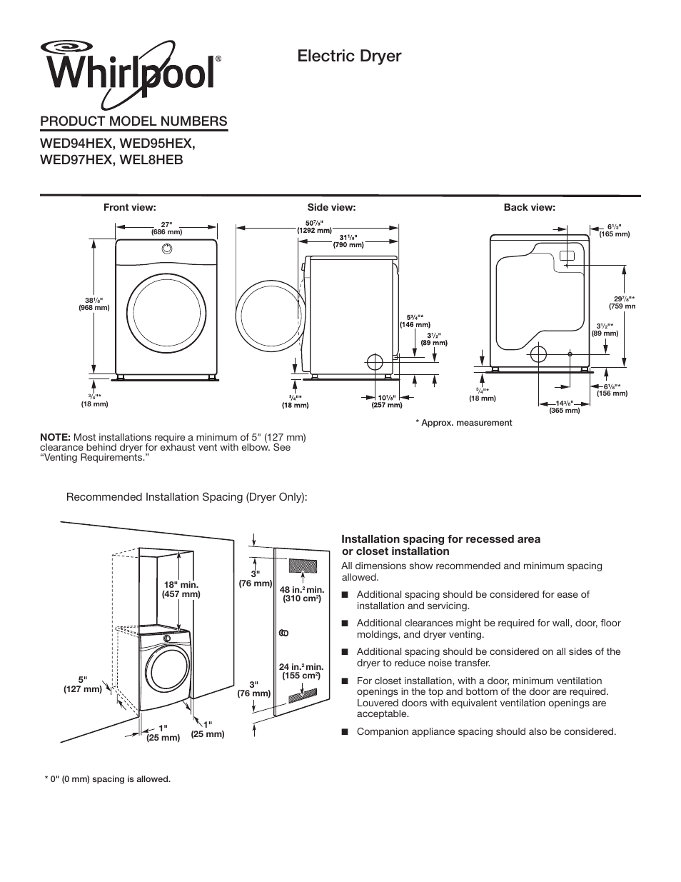 Whirlpool WEL98HEBU User Manual | 2 pages