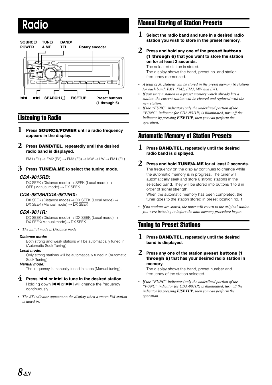 Radio, Manual storing of station presets, Tuning to preset stations | Listening to radio | Alpine CDA-9815RB User Manual | Page 10 / 48