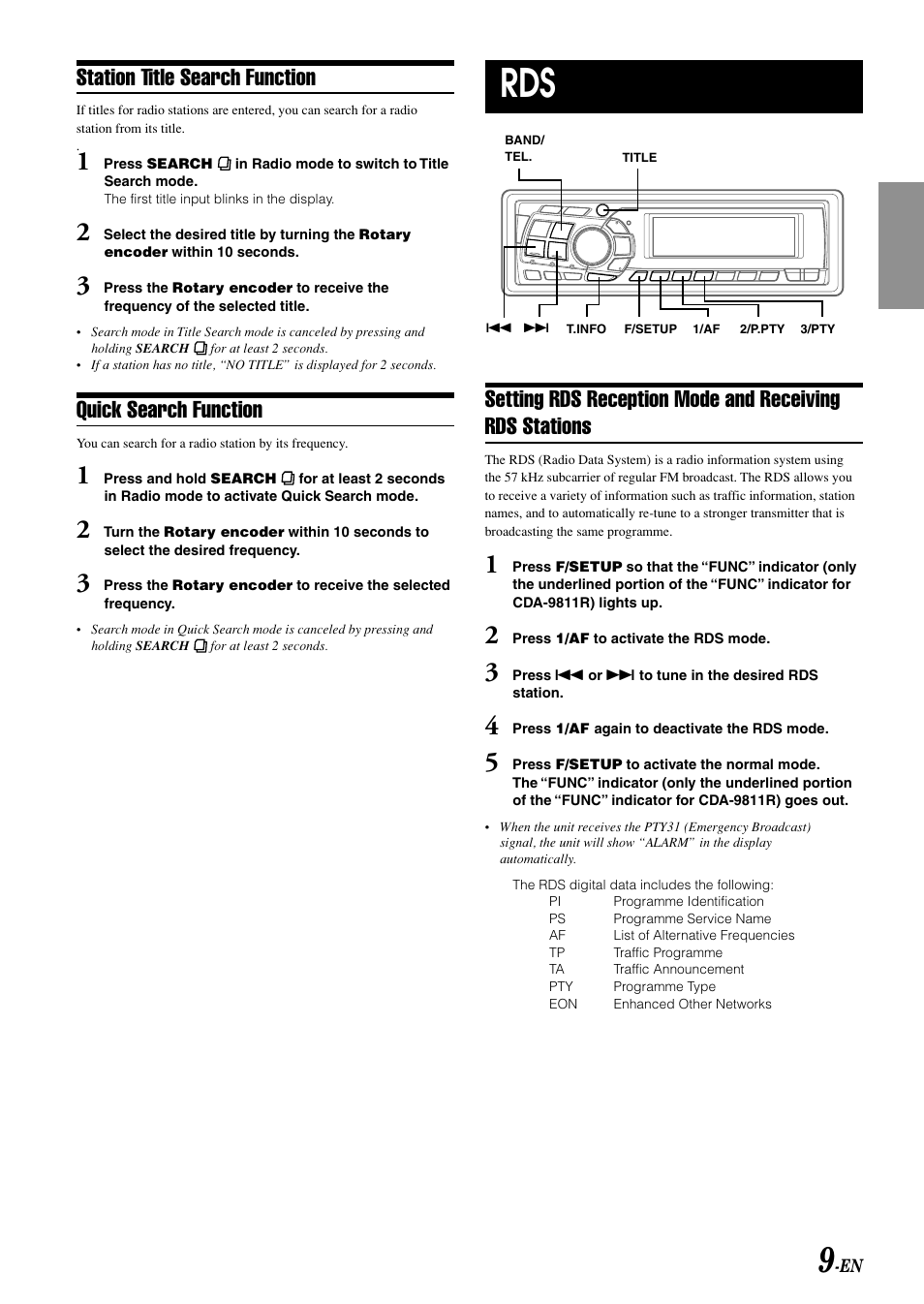 Station title search function, Quick search function | Alpine CDA-9815RB User Manual | Page 11 / 48