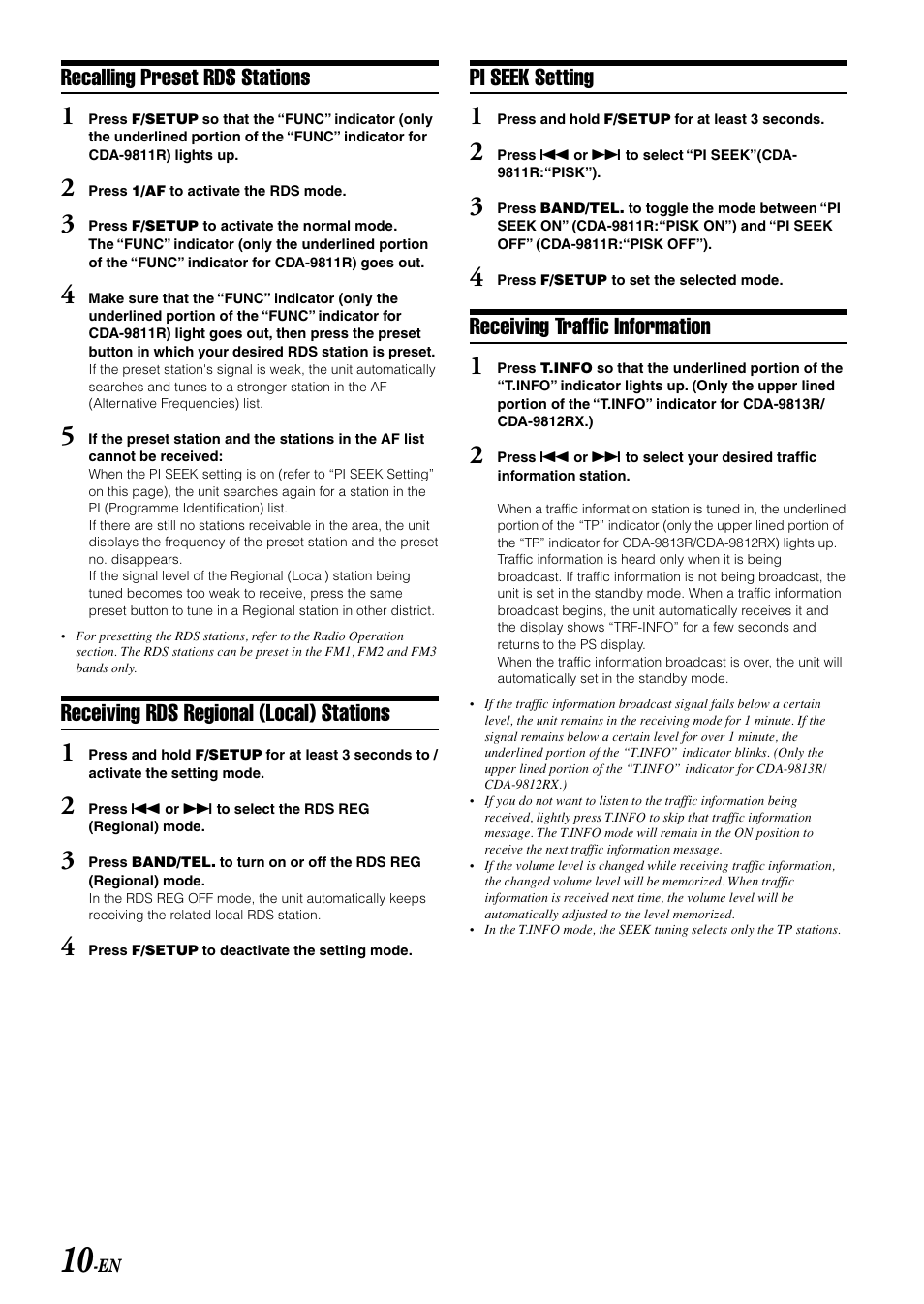 Recalling preset rds stations, Receiving rds regional (local) stations, Pi seek setting | Receiving traffic information | Alpine CDA-9815RB User Manual | Page 12 / 48