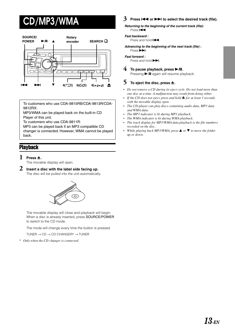 Cd/mp3/wma, Playback | Alpine CDA-9815RB User Manual | Page 15 / 48