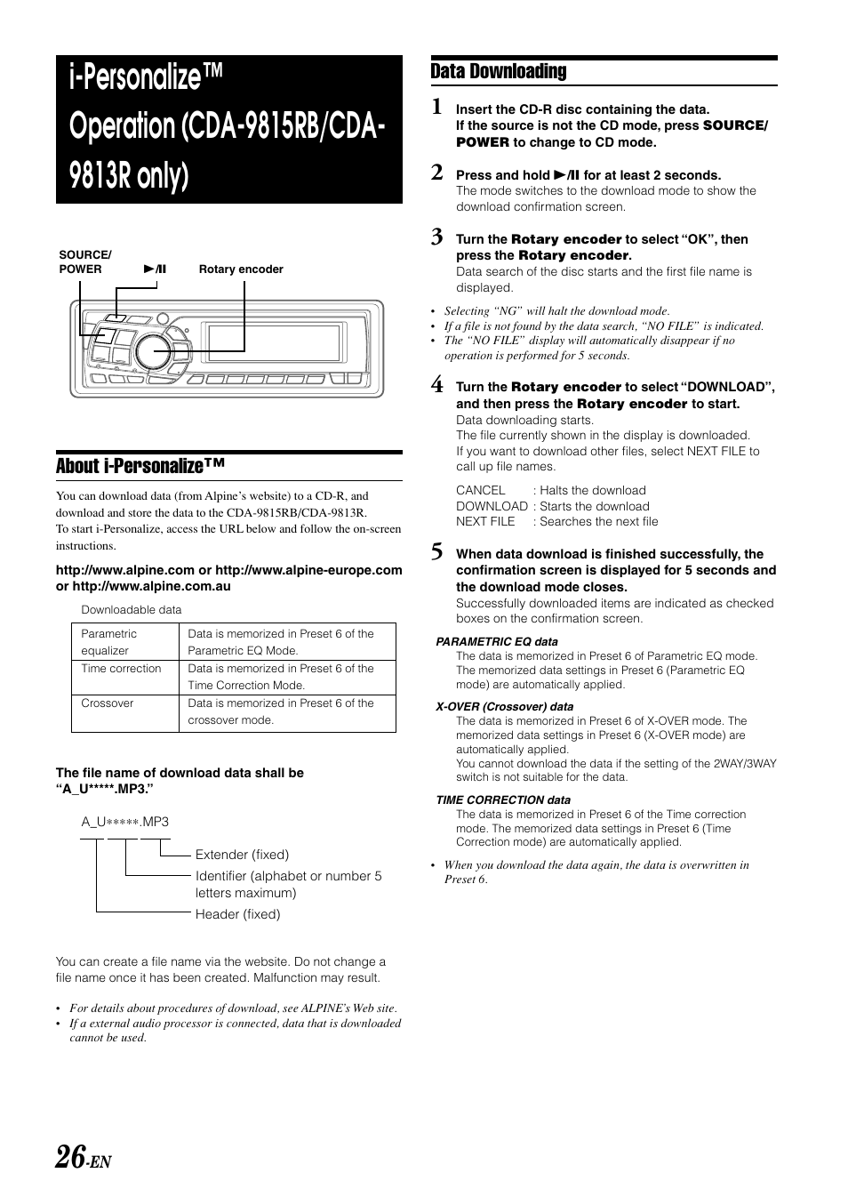 About i-personalize, Data downloading | Alpine CDA-9815RB User Manual | Page 28 / 48