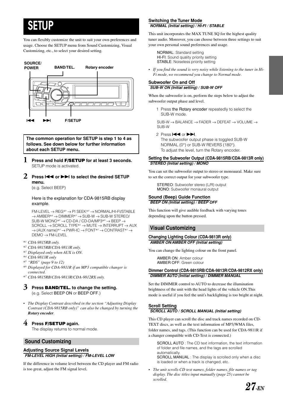 Setup, Sound customizing, Visual customizing | Alpine CDA-9815RB User Manual | Page 29 / 48