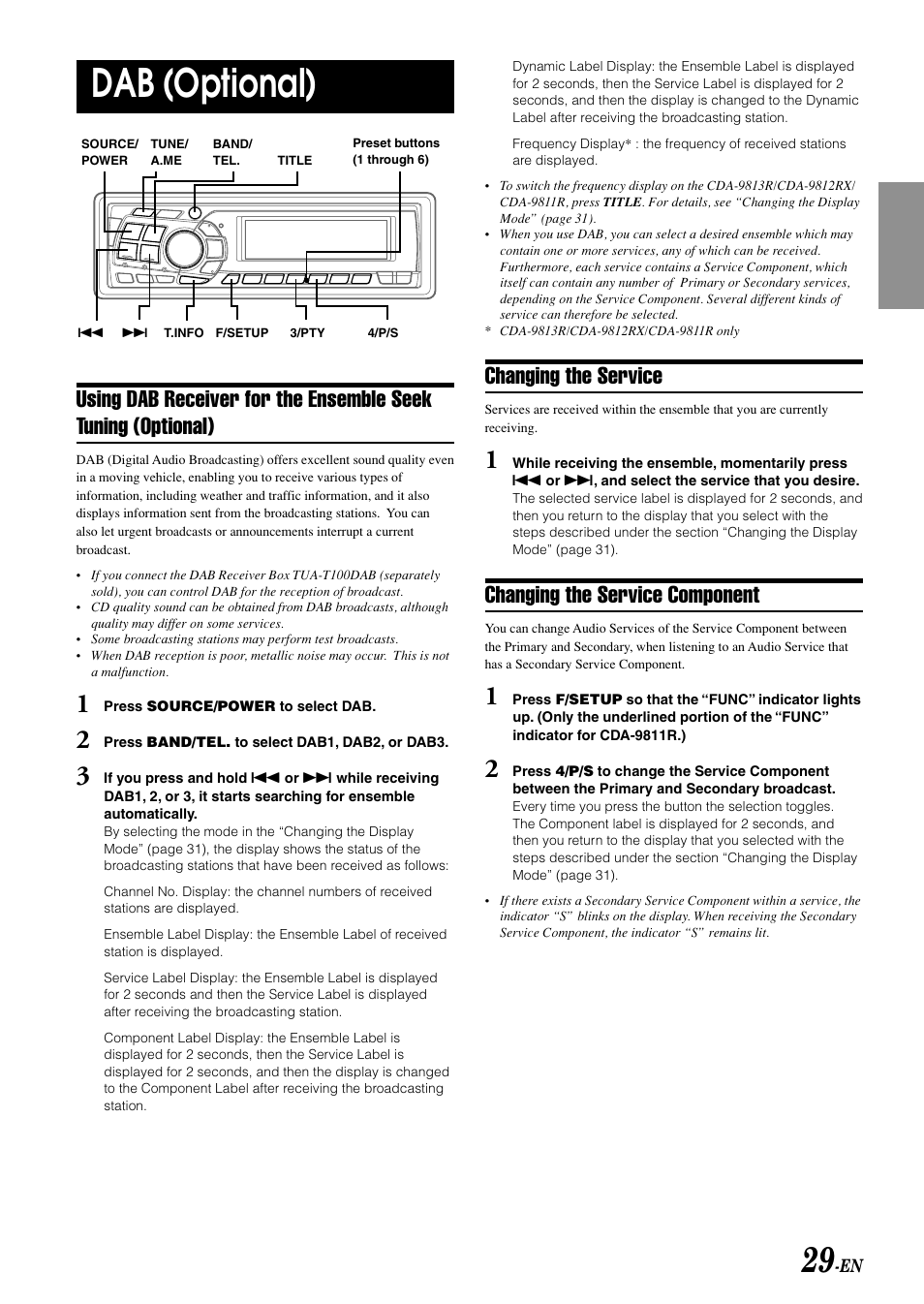 Dab (optional), Changing the service, Changing the service component | Alpine CDA-9815RB User Manual | Page 31 / 48