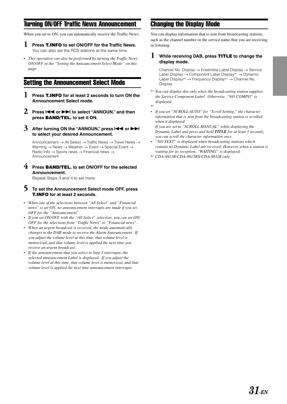 Turning on/off traffic news announcement, Setting the announcement select mode, Changing the display mode | Alpine CDA-9815RB User Manual | Page 33 / 48