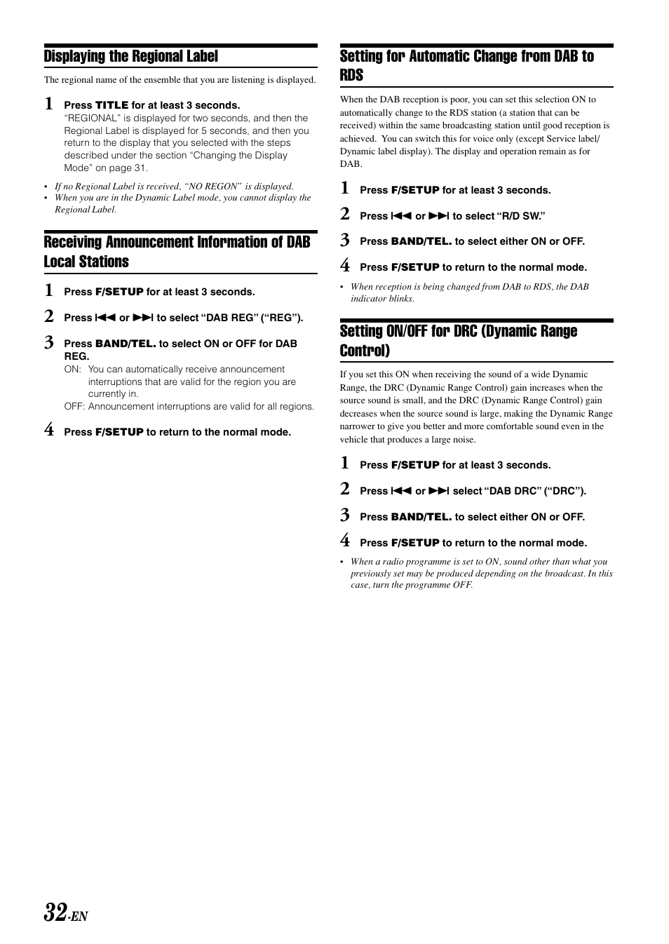 Displaying the regional label, Setting for automatic change from dab to rds, Setting on/off for drc (dynamic range control) | Alpine CDA-9815RB User Manual | Page 34 / 48