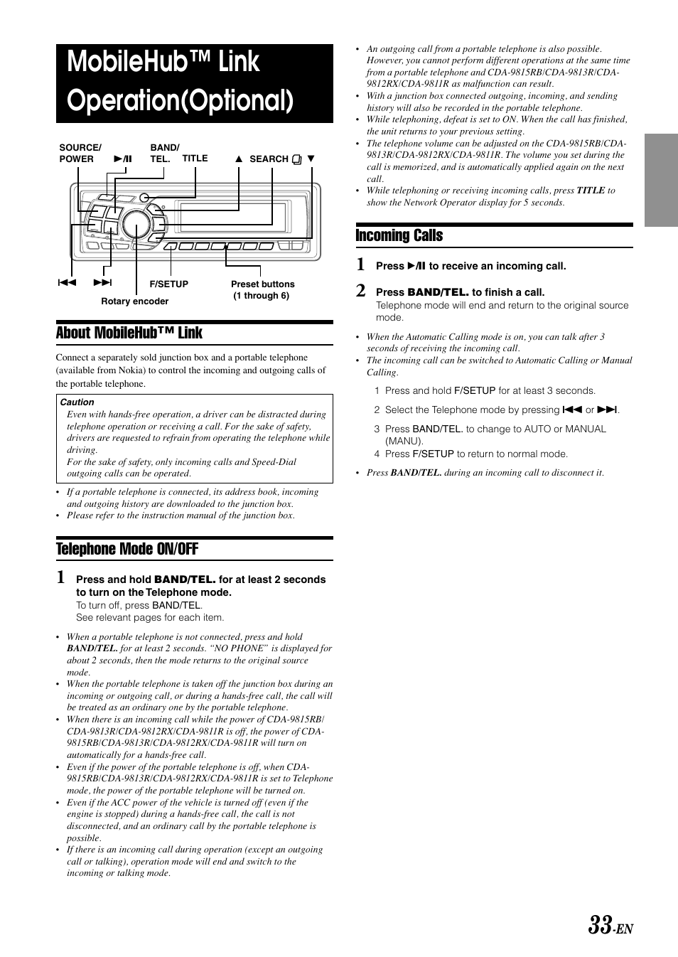 Mobilehub™ link operation(optional), About mobilehub™ link, Telephone mode on/off | Incoming calls | Alpine CDA-9815RB User Manual | Page 35 / 48