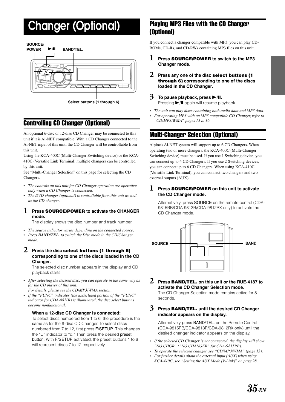 Changer (optional), Controlling cd changer (optional), Playing mp3 files with the cd changer (optional) | Multi-changer selection (optional) | Alpine CDA-9815RB User Manual | Page 37 / 48