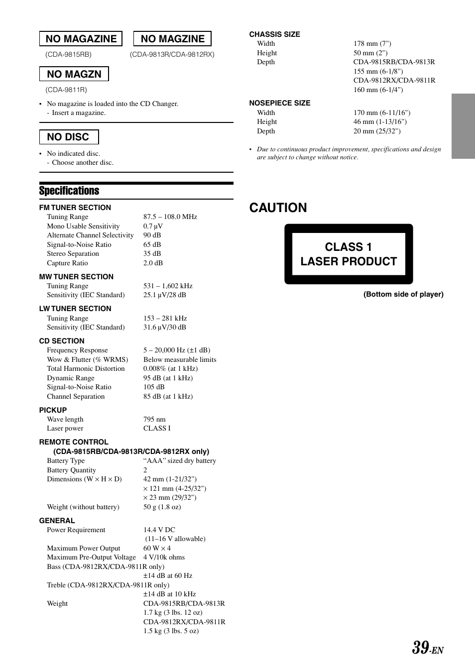 Caution, Specifications, Class 1 laser product | No magazine no magzine, No magzn, No disc | Alpine CDA-9815RB User Manual | Page 41 / 48