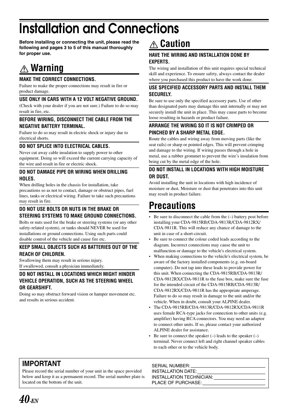 Installation and connections, Warning, Caution | Precautions, Important | Alpine CDA-9815RB User Manual | Page 42 / 48