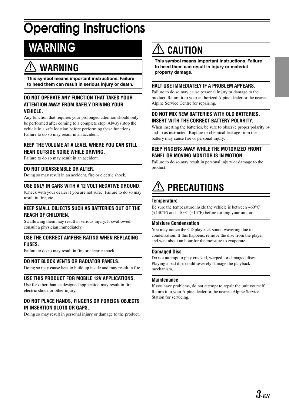 Operating instructions, Warning, Caution | Precautions | Alpine CDA-9815RB User Manual | Page 5 / 48