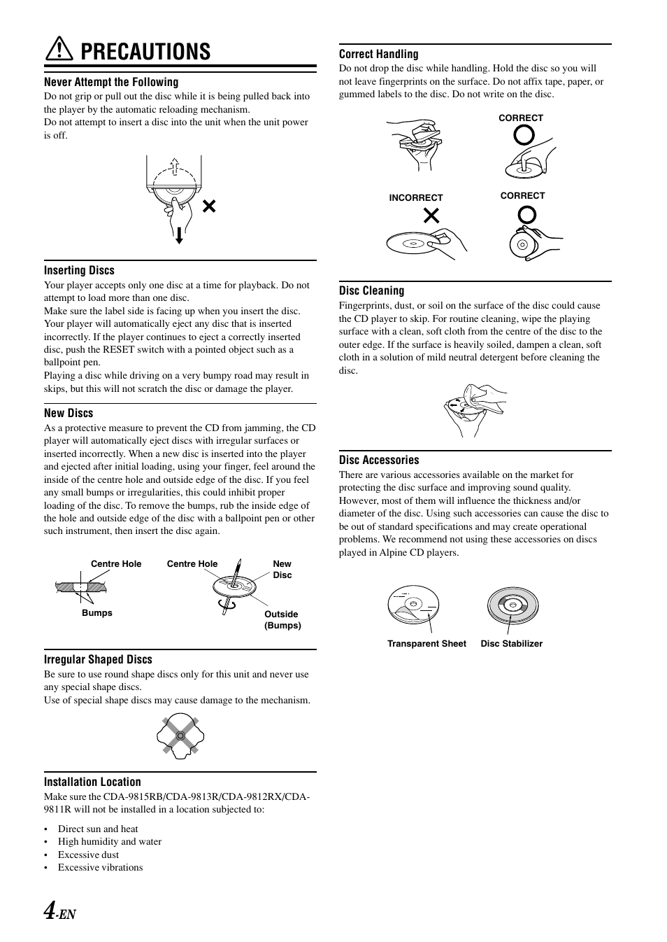 Precautions | Alpine CDA-9815RB User Manual | Page 6 / 48