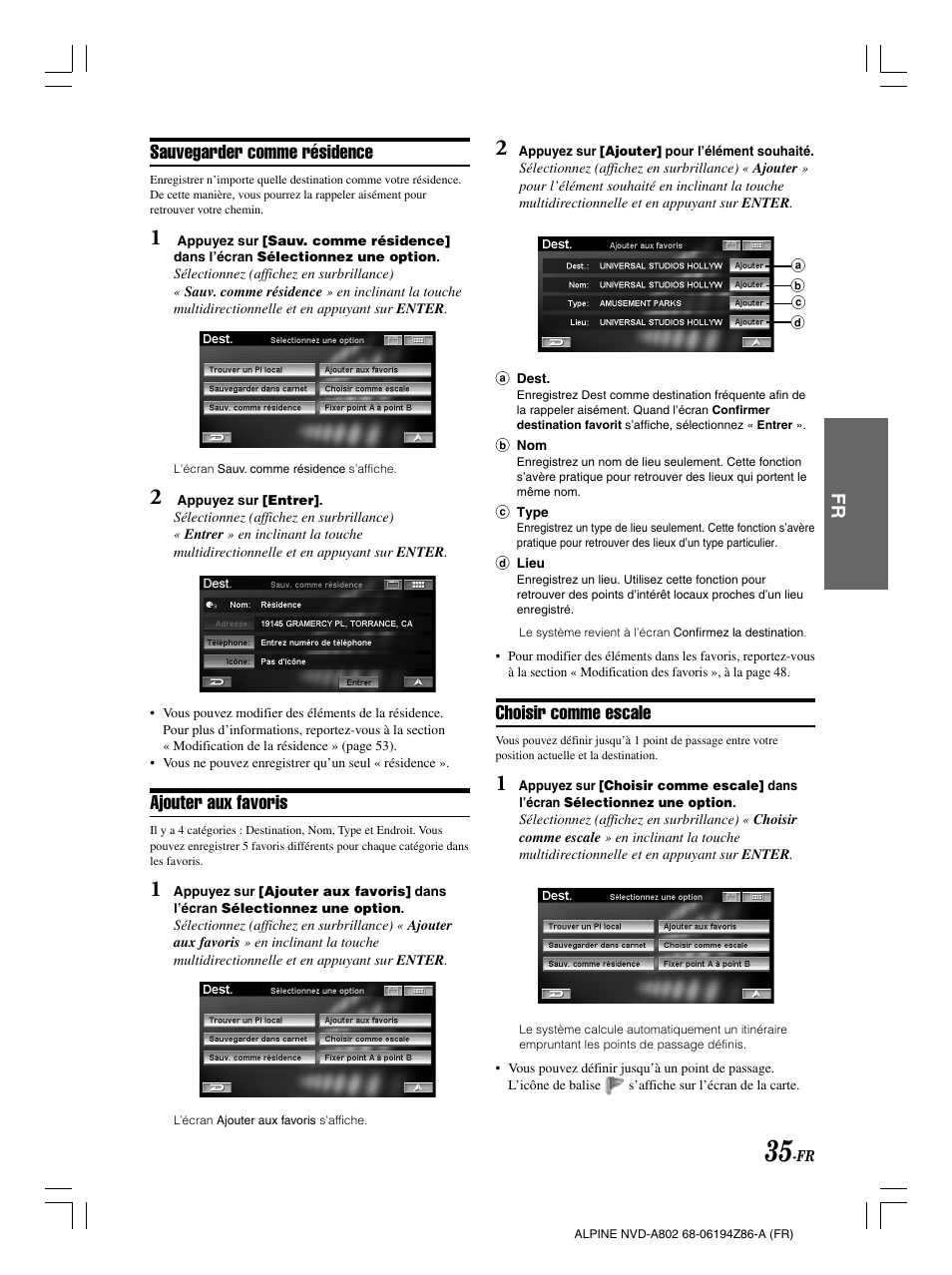 Sauvegarder comme résidence, Ajouter aux favoris, Choisir comme escale | Alpine NVD-A802 User Manual | Page 120 / 252