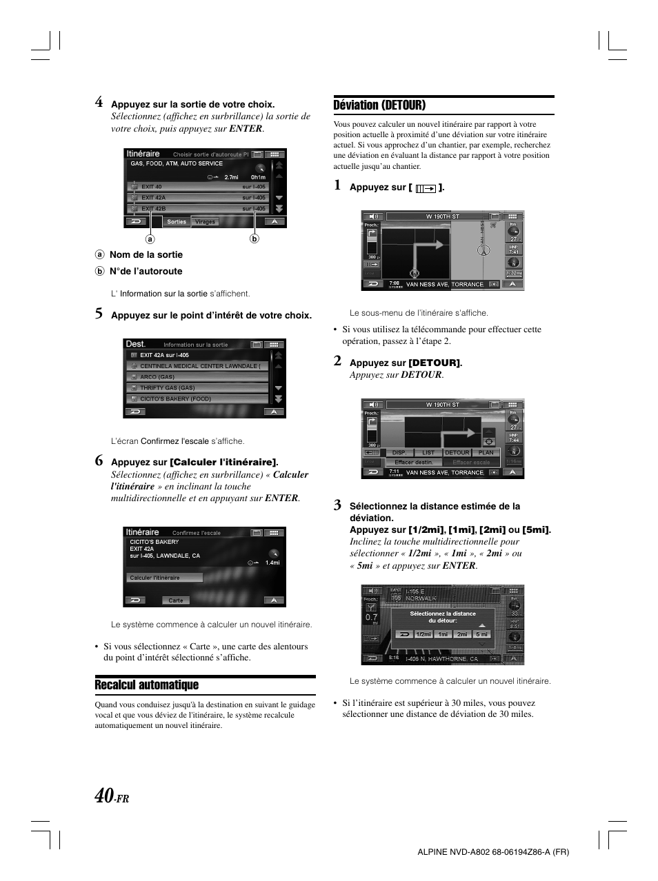 Déviation (detour), Recalcul automatique | Alpine NVD-A802 User Manual | Page 125 / 252