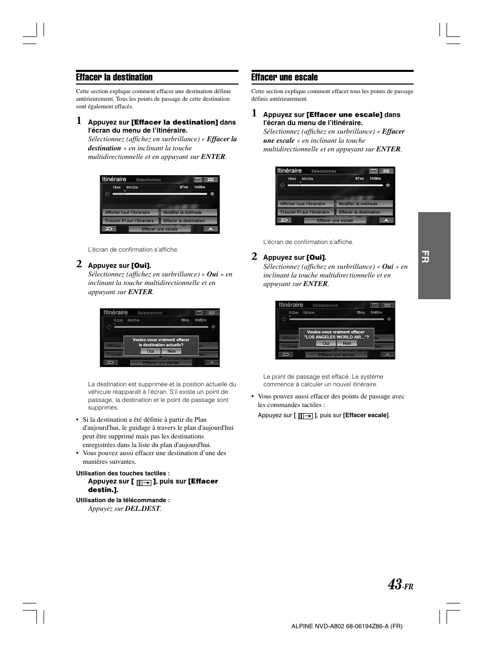 Effacer la destination, Effacer une escale | Alpine NVD-A802 User Manual | Page 128 / 252