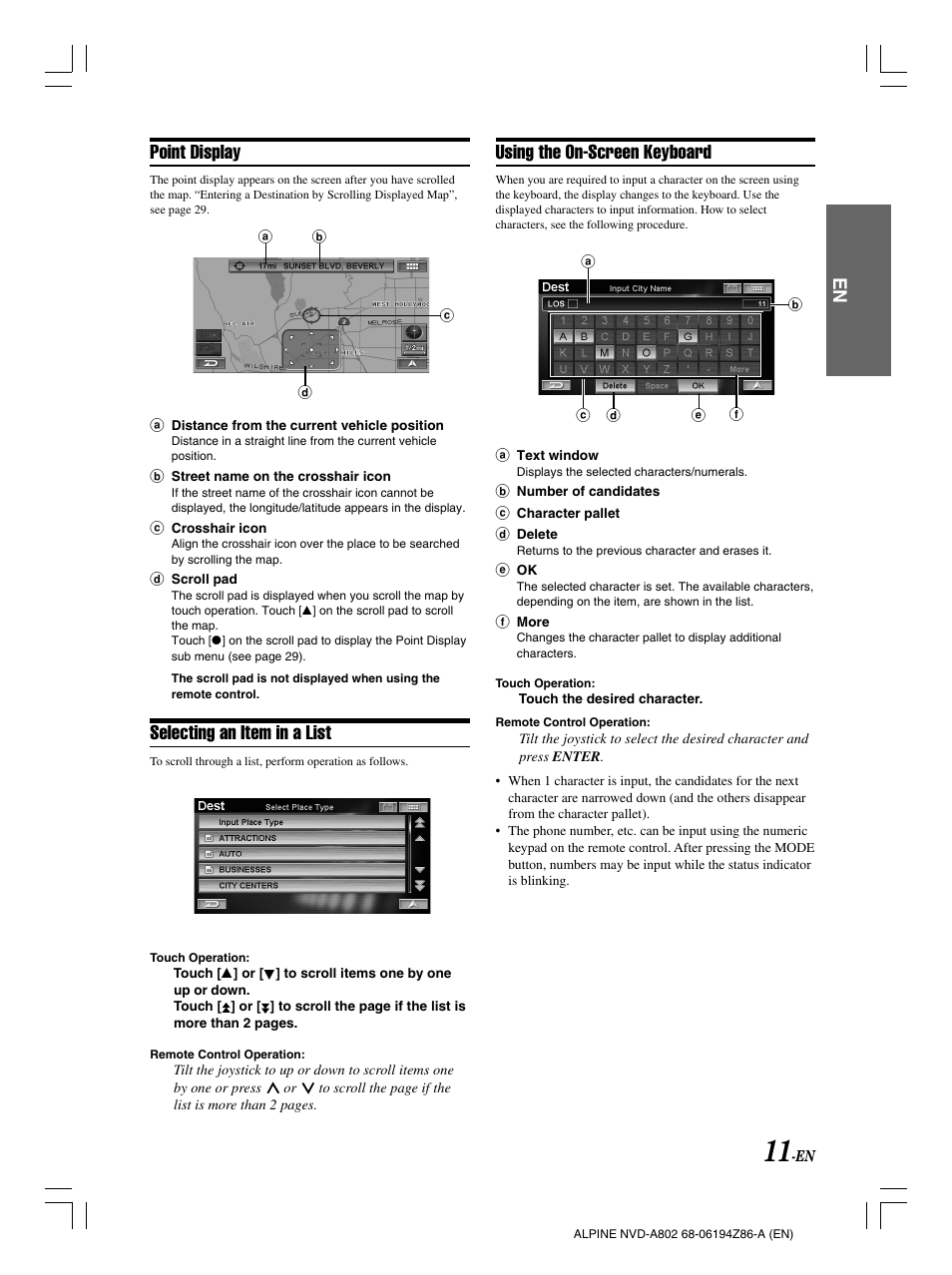 Point display, Selecting an item in a list, Using the on-screen keyboard | Alpine NVD-A802 User Manual | Page 14 / 252