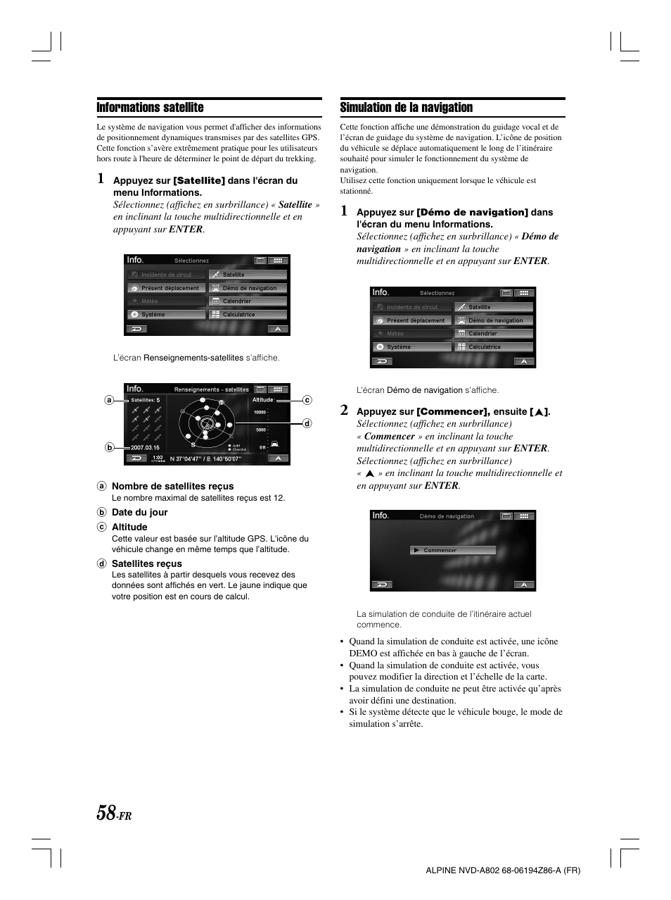 Simulation de la navigation, Informations satellite | Alpine NVD-A802 User Manual | Page 143 / 252