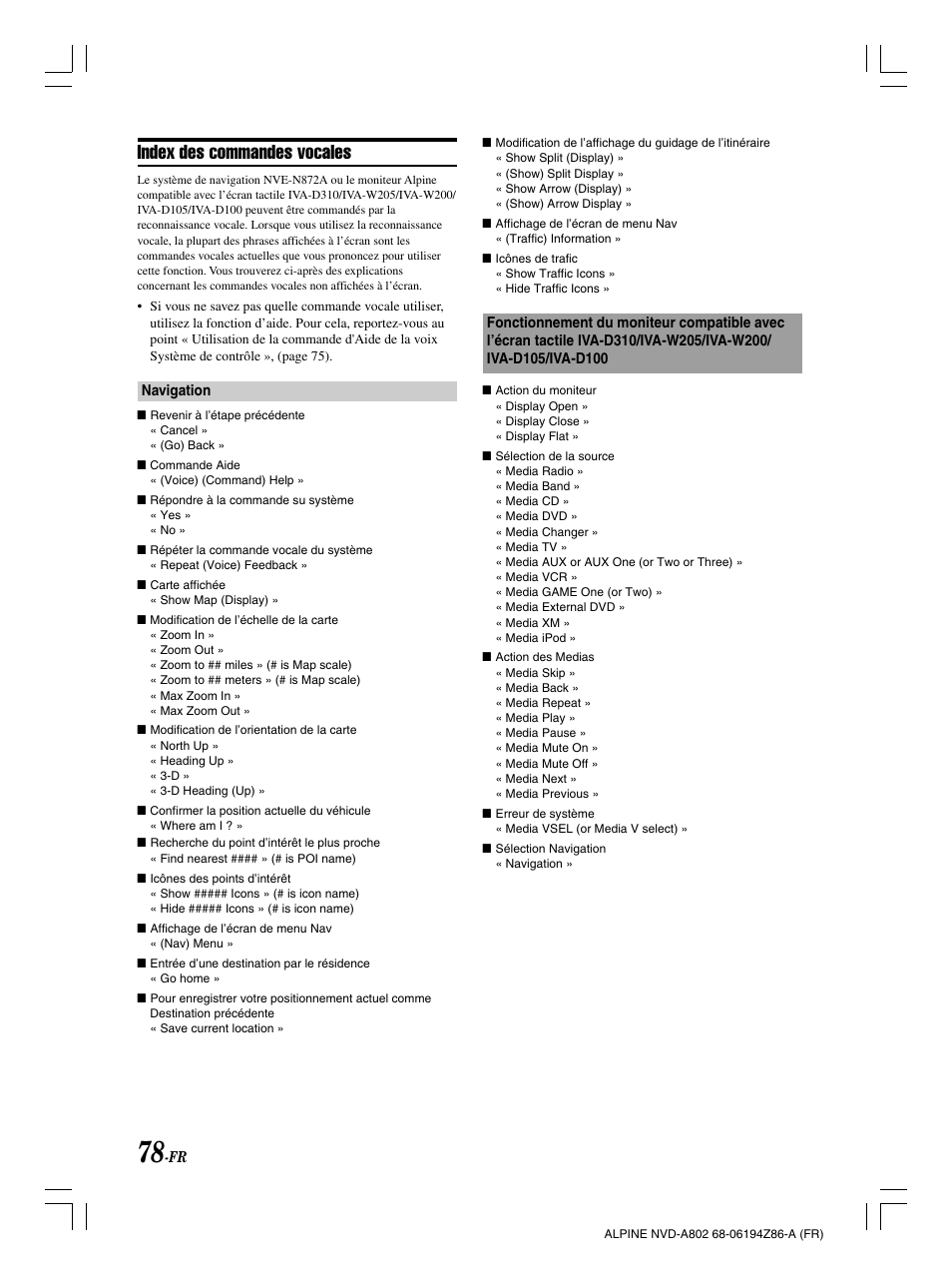 Index des commandes vocales | Alpine NVD-A802 User Manual | Page 163 / 252