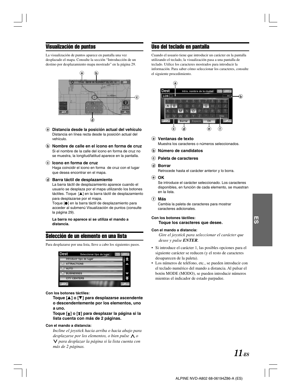 Visualización de puntos, Selección de un elemento en una lista, Uso del teclado en pantalla | Alpine NVD-A802 User Manual | Page 178 / 252