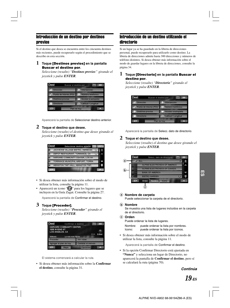 Introducción de un destino por destinos previos | Alpine NVD-A802 User Manual | Page 186 / 252