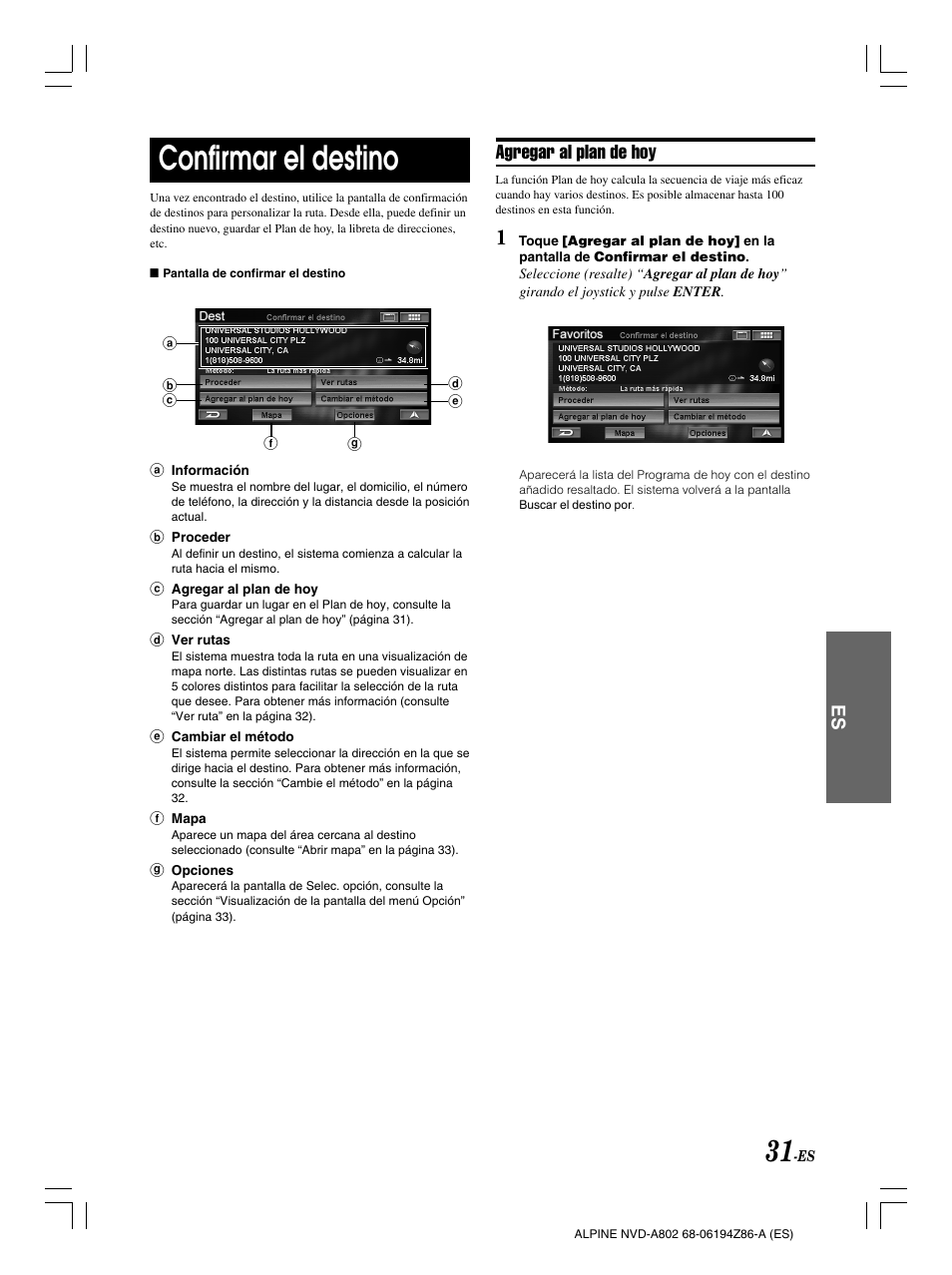 Confirmar el destino, Agregar al plan de hoy | Alpine NVD-A802 User Manual | Page 198 / 252