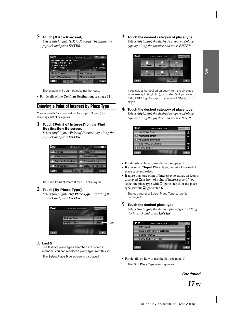 Entering a point of interest by place type | Alpine NVD-A802 User Manual | Page 20 / 252