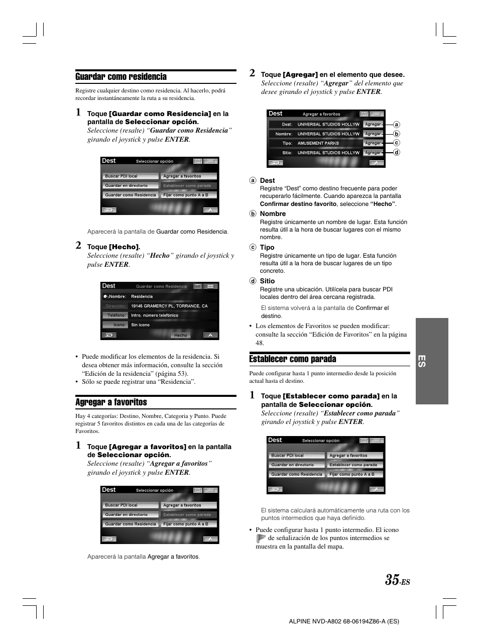 Guardar como residencia, Agregar a favoritos, Establecer como parada | Alpine NVD-A802 User Manual | Page 202 / 252