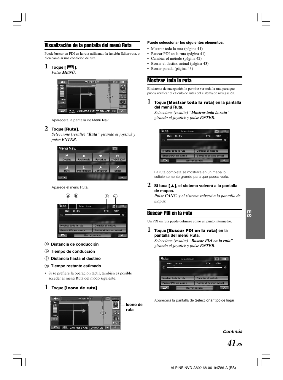 Visualización de la pantalla del menú ruta, Mostrar toda la ruta, Buscar pdi en la ruta | Alpine NVD-A802 User Manual | Page 208 / 252